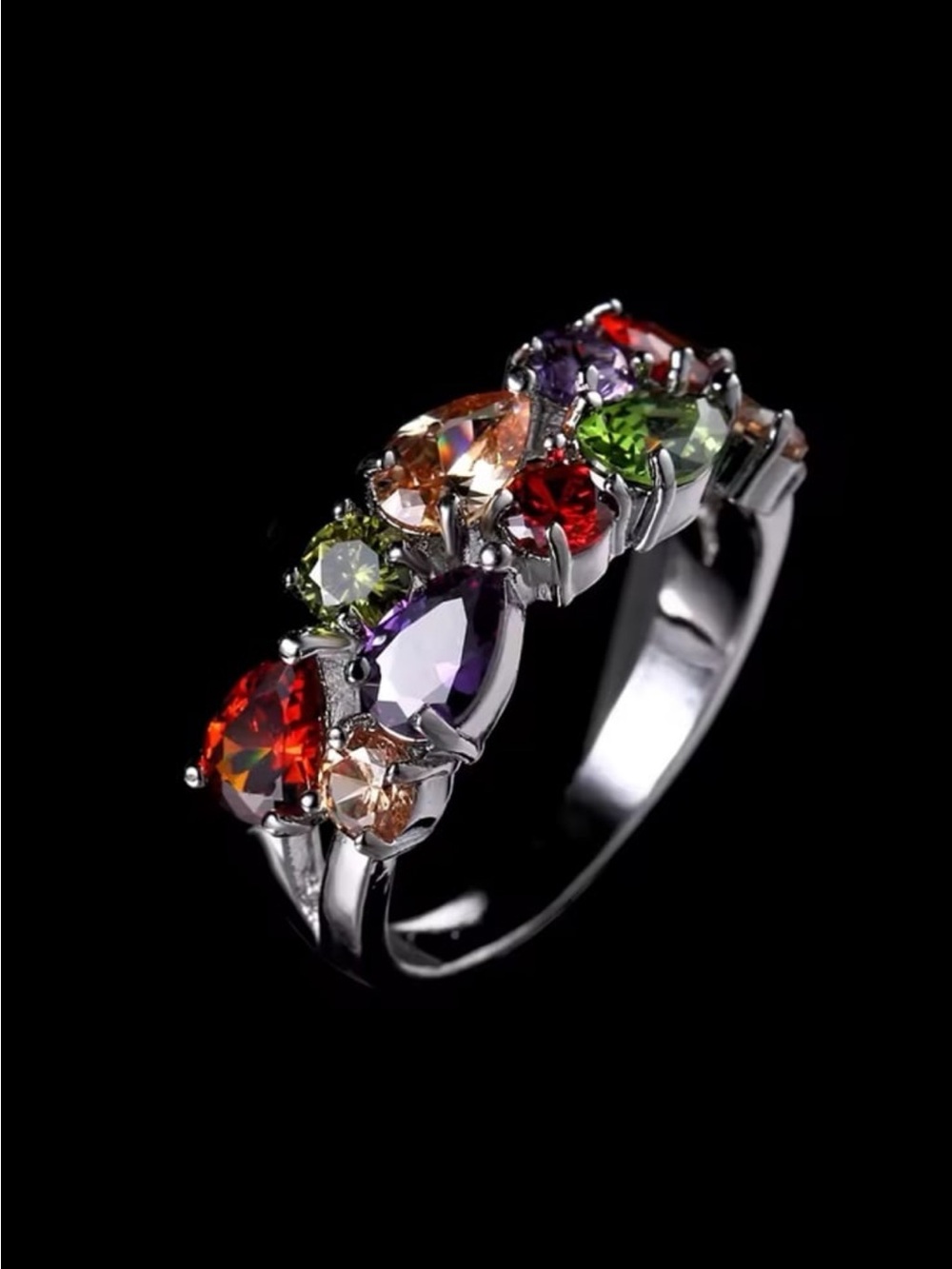 Multicolor Swarovski elements size 9 silver ring #496